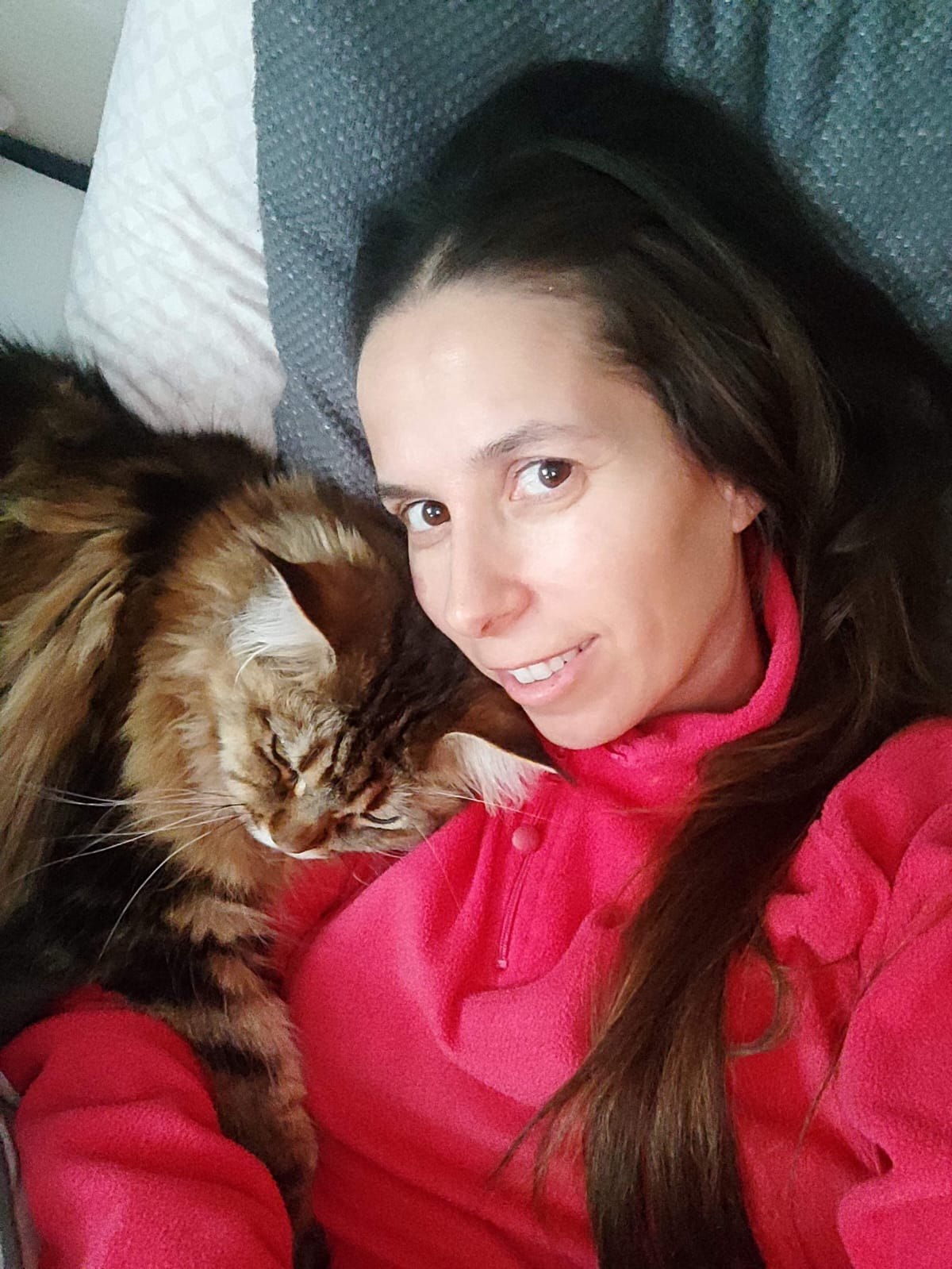 Gata Maine Coon acurrucada junto al rostro de su dueña